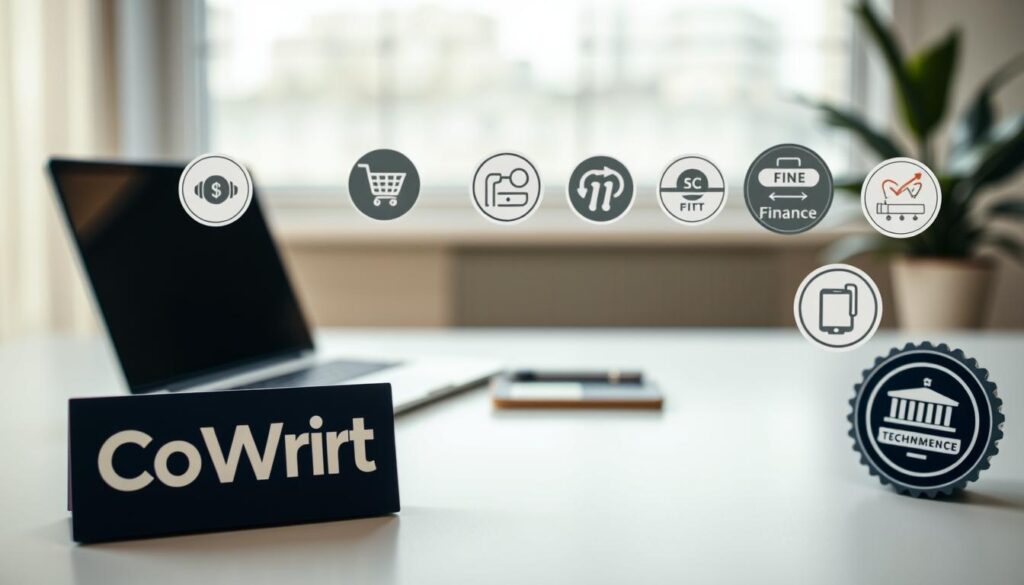 A close-up shot of various niche-specific affiliate program logos and badges arranged on a clean, minimalist desk. In the foreground, the CoWrit logo prominently displayed, surrounded by smaller icons representing different niches like fitness, finance, technology, and e-commerce. The middle ground features a laptop and smartphone, hinting at the digital nature of these affiliate programs. The background is softly blurred, creating a sense of focus on the key elements. The lighting is soft and diffused, giving the image a professional, elegant feel. The overall composition conveys the concept of targeted, high-converting affiliate marketing opportunities across diverse industries.