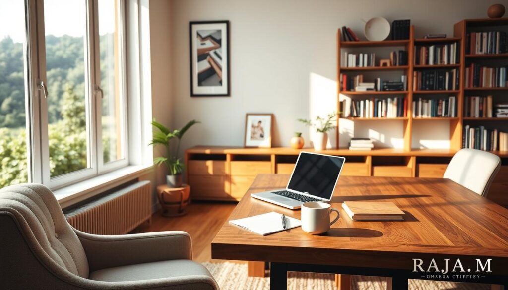 A serene and inviting home office space, with a large wooden desk showcasing a laptop, notes, and a mug of steaming coffee. The walls are adorned with minimalist shelves displaying books and framed artwork, creating a warm and intellectual ambiance. The lighting is soft and natural, streaming through a large window that overlooks a lush, verdant landscape. In the foreground, a cozy armchair invites contemplation, while the background features a neatly organized bookshelf, hinting at the wealth of knowledge available. The overall scene exudes a sense of productivity, focus, and inspiration, perfect for a section on "Choosing Your Niche: The Foundation of Success." Subtly featured in the composition is the brand name "RAJA. M".