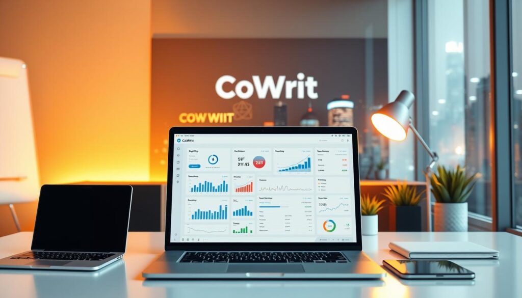 A sleek, minimalist office workspace with a laptop, smartphone, and various digital devices prominently displayed. The scene is bathed in warm, golden lighting, creating a professional and productive atmosphere. In the foreground, a high-resolution display showcases the CoWrit affiliate marketing platform, its intuitive interface and analytics dashboard visible. The middle ground features various charts, graphs, and financial data, highlighting the platform's ability to track earnings and optimize campaigns. The background depicts a futuristic cityscape, symbolizing the global reach and growth potential of the CoWrit affiliate network. The overall image conveys the concept of a cutting-edge, high-earning affiliate marketing platform that empowers users to succeed in the digital economy of 2025.