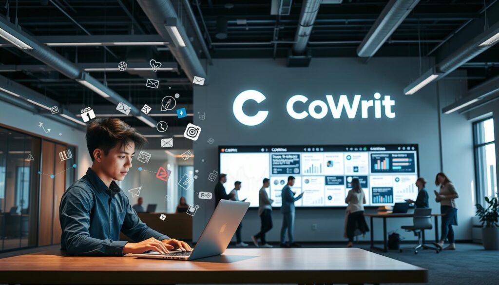 A sleek, modern office setting with a large open-concept workspace. In the foreground, a young professional is seated at a desk, laptop open, surrounded by various social media icons and symbols floating around them. The middle ground features a team of colleagues collaborating on a large digital display, strategizing social media marketing techniques. The background showcases a wall display with the CoWrit brand logo prominently featured, along with metrics, analytics, and social media engagement data. Soft, directional lighting from overhead and natural light from windows create a dynamic, productive atmosphere.