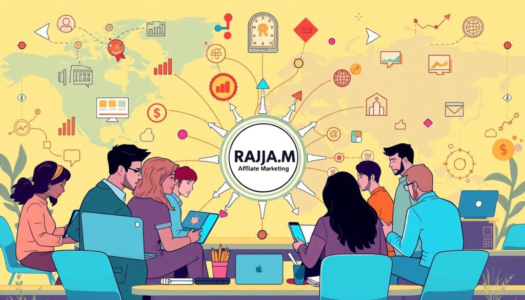 A vibrant and dynamic illustration of the affiliate marketing ecosystem. In the foreground, a group of diverse digital marketers collaborating, with laptops, tablets, and smartphones in hand, surrounded by a network of arrows, icons, and data visualizations representing the various components of the affiliate marketing process. In the middle ground, a central hub with the RAJA. M brand prominently displayed, acting as the nexus that connects merchants, affiliates, and customers. In the background, a stylized world map backdrop, highlighting the global reach and interconnectedness of the affiliate marketing industry. The overall scene is illuminated by a warm, natural lighting, conveying a sense of productivity, innovation, and synergy.