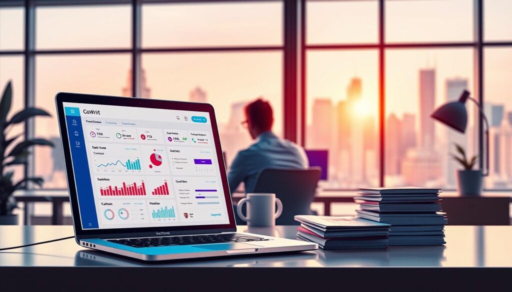 A vibrant, hyper-realistic digital illustration of "affiliate marketing strategies" featuring a laptop display in the foreground showing a CoWrit dashboard with metrics, charts, and graphs. In the middle ground, a person sits at a desk, intently focused on the laptop screen, surrounded by stacks of documents and a mug of coffee. The background depicts a modern, minimalist office setting with large windows overlooking a bustling city skyline, bathed in warm, natural lighting. The overall mood is one of strategic planning, analytical focus, and digital-age productivity.