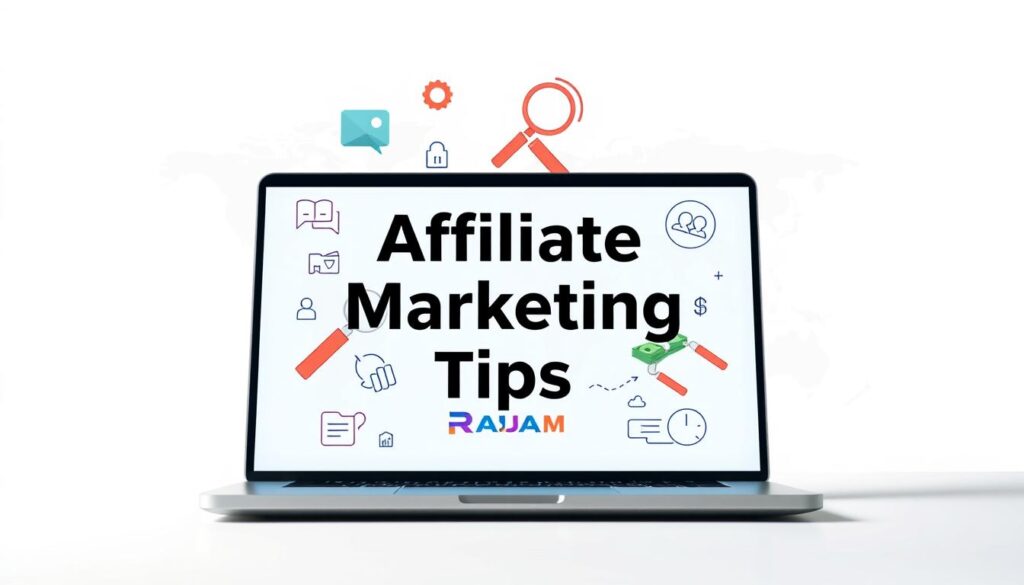 A vibrant, minimalist illustration showcasing "Affiliate Marketing Tips" against a clean, white background. In the foreground, a laptop displaying the RAJA. M brand logo, with various affiliate marketing-related icons and graphics overlaying the screen. In the middle ground, a stylized magnifying glass and a stack of dollar bills, symbolizing the research and financial aspects of affiliate marketing. In the background, a simplified world map or globe, representing the global reach and online nature of affiliate marketing. The image is well-lit, with soft, directional lighting that creates depth and highlights the key elements. The overall mood is informative, inspirational, and visually engaging, suitable for an article on affiliate marketing for beginners.