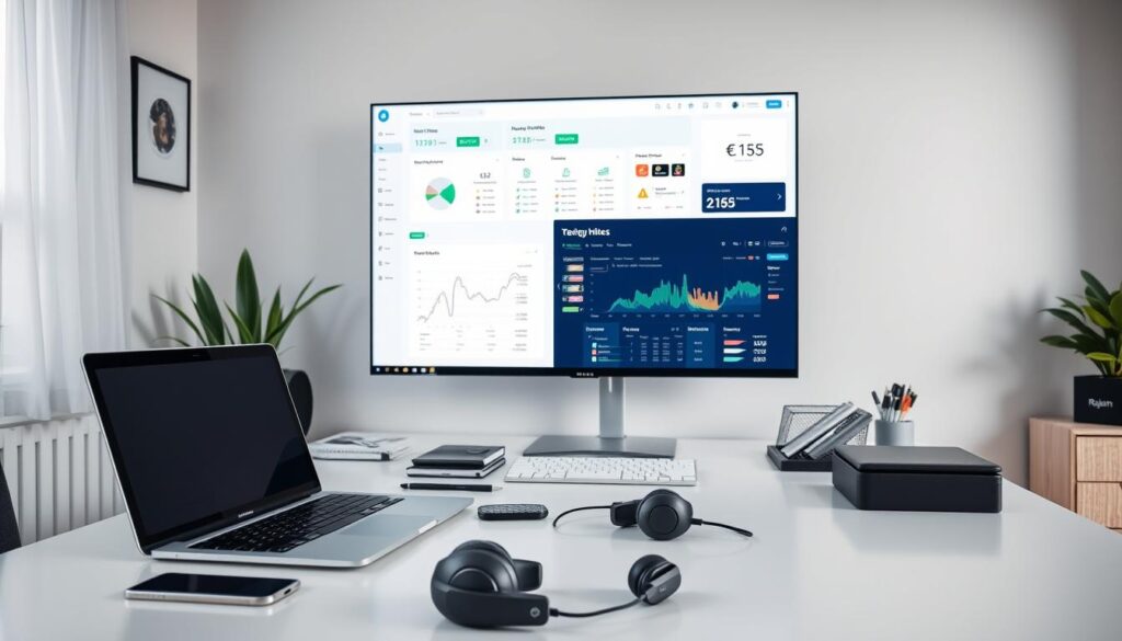 A well-lit home office setup, with a sleek and modern desk featuring a laptop, smartphone, and various office supplies. The middle ground showcases a diverse set of digital devices, including a tablet, a computer mouse, and a pair of wireless headphones, all strategically arranged. In the background, a large wall-mounted monitor displays an affiliate marketing platform interface, showcasing key metrics and data visualizations. The overall atmosphere is professional, productive, and technology-focused, with a touch of minimalism and a RAJA. M branding element subtly incorporated into the design.